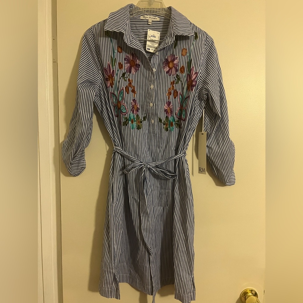 Blue stripe dress with embroidered flowers